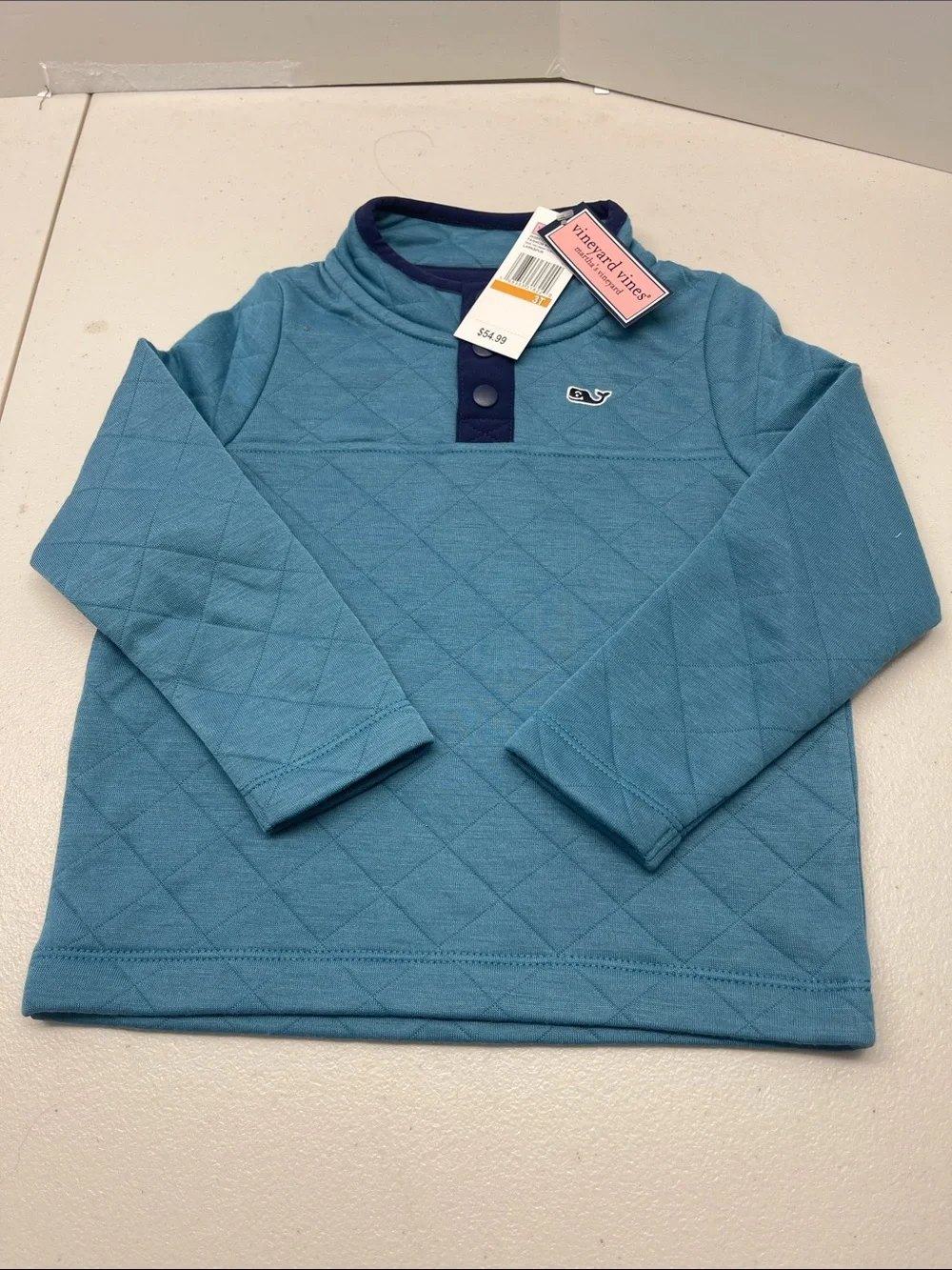 Vineyard Vines Toddler Quilted Long-Sleeve Pullover - Teal with Navy Trim